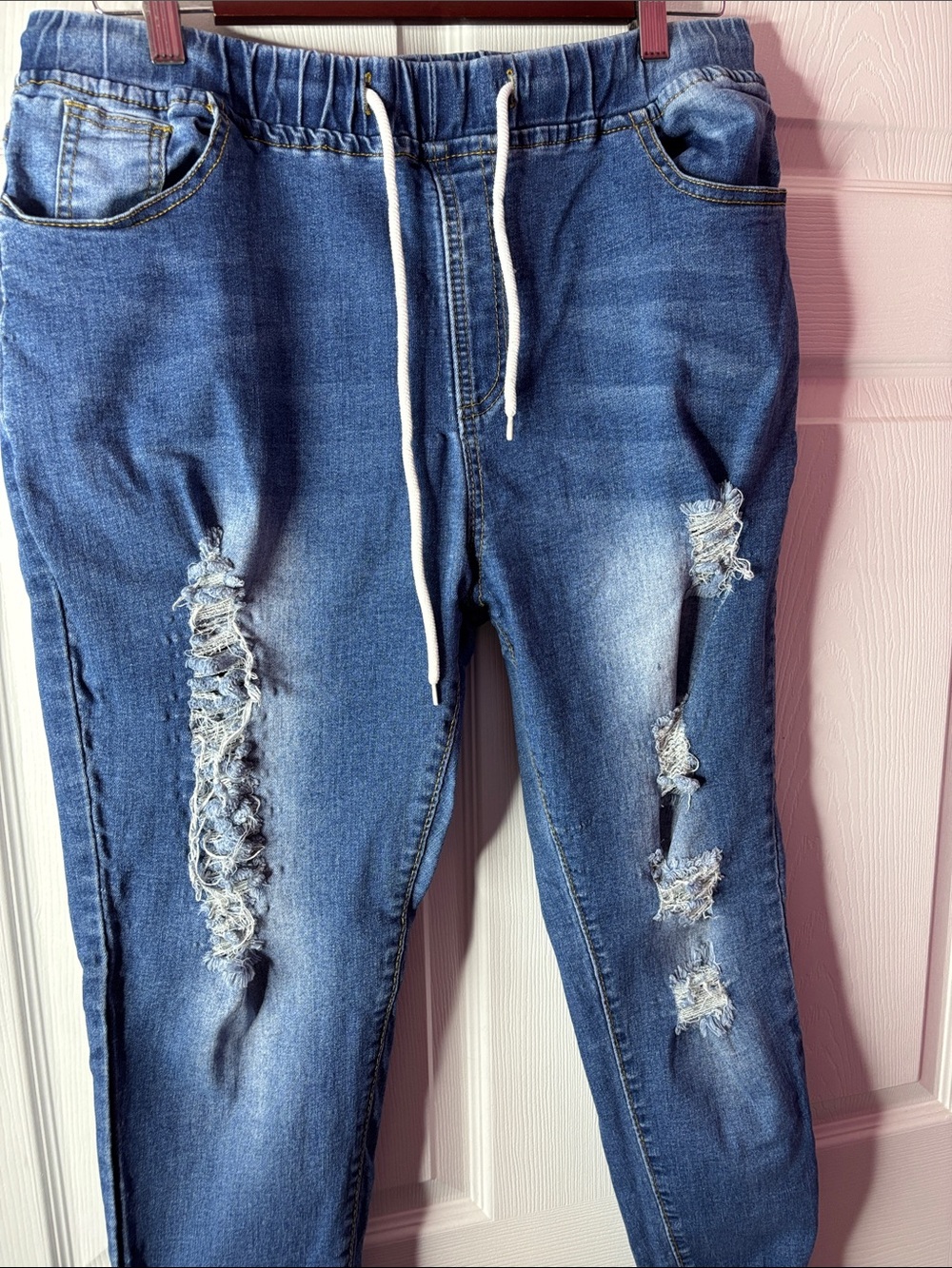 Distressed Blue Denim Jogger Jeans with Drawstring